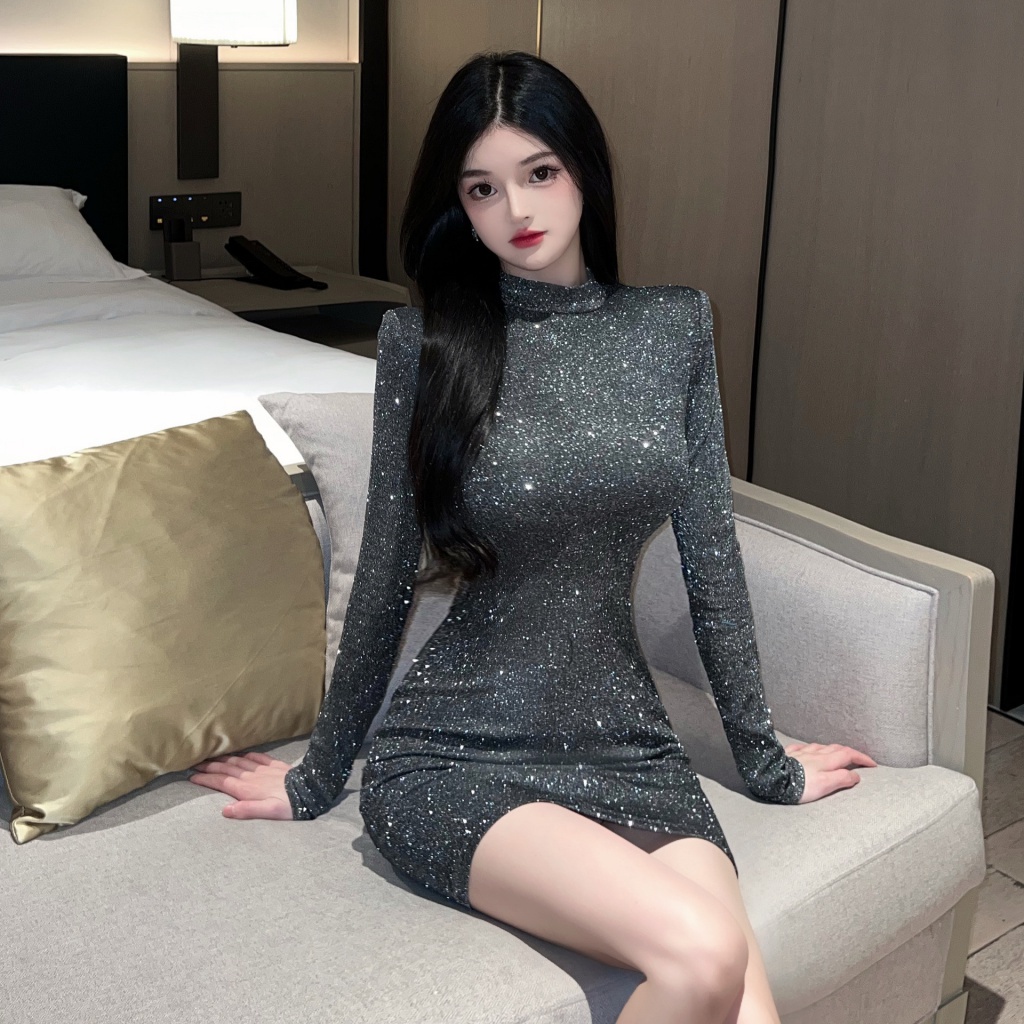 18YX1200 European and American 2023 sexy hot girls backless diamond chain slim long-sleeved sheath dress 4MCB