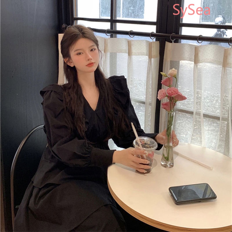 Đầm Tay Dài Cổ Chữ V Phối Bèo Phong Cách Pháp