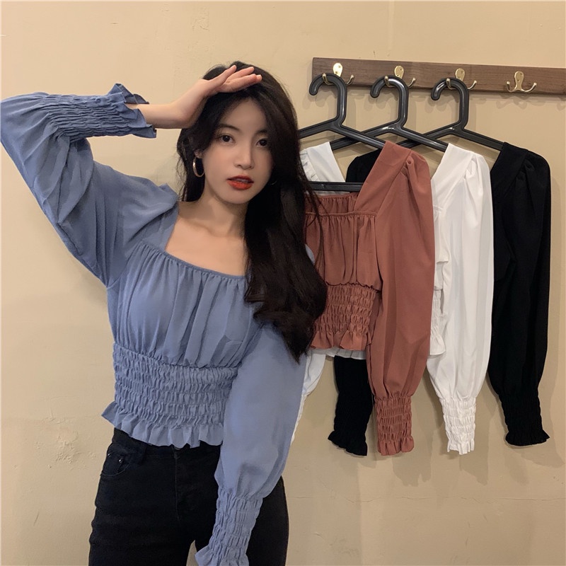 IELGY     Áo Cổ Vuông Phong Cách retro Pháp Thời Trang Cho Nữ