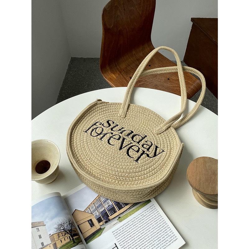 [ TC110 ] Túi cói tròn thêu chữ SUNDAY phong cách retro thời trang
