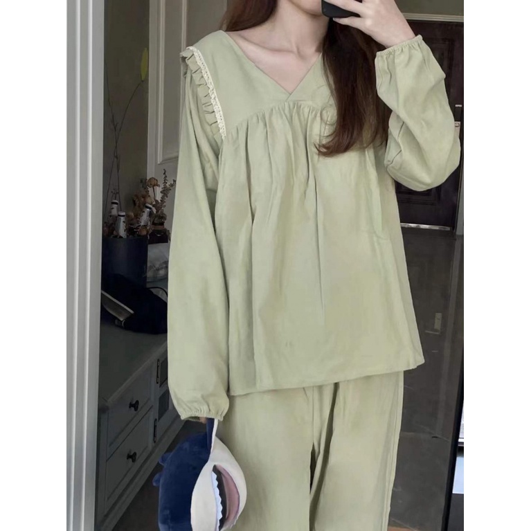 Bộ Đồ Ngủ Tay Dài Phối Ren Màu Trơn Phong Cách Nhật Bản Thời Trang Mùa Thu Hàng Mới 2023