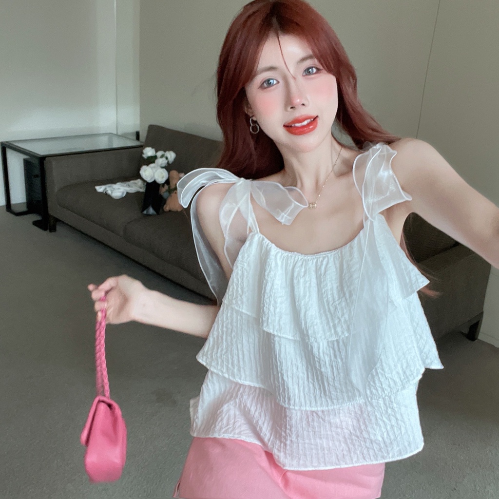 Áo Voan Hai Dây Phối Nơ Phong Cách Pháp Ngọt Ngào Thời Trang Mùa Hè Dành Cho Nữ