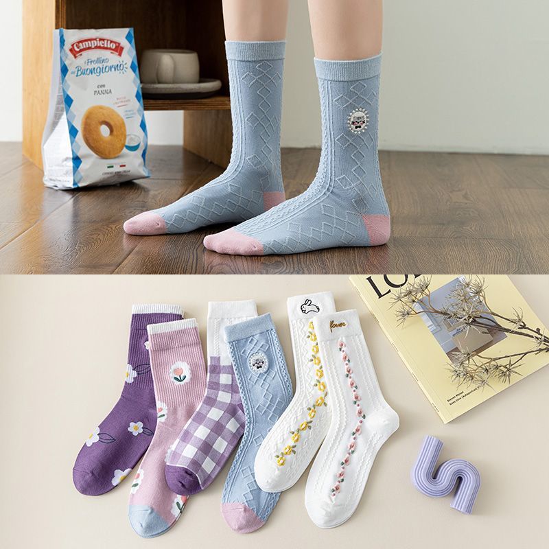Bộ 3 Đôi Vớ Cotton Cổ Vừa Thêu Họa Tiết Phong Cách Hàn Quốc Thời Trang Xuân Thu Cho Nữ