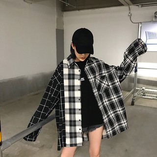 (Có video) Áo khoác POLO sơ mi - Jacket ulzzang oversize unisex Hàn - Áo kẻ caro ulzzang phối màu đen trắng