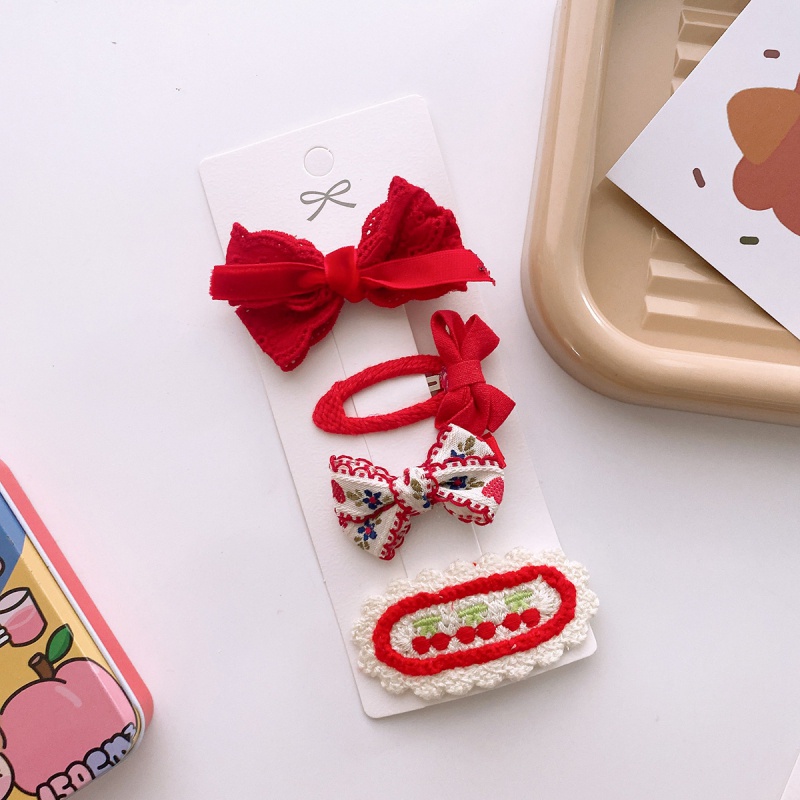 Set 4 Kẹp Tóc Nơ Đỏ Trơn Màu Sắc Ngọt Ngào Phong Cách Công Chúa Cho Bé Gái
