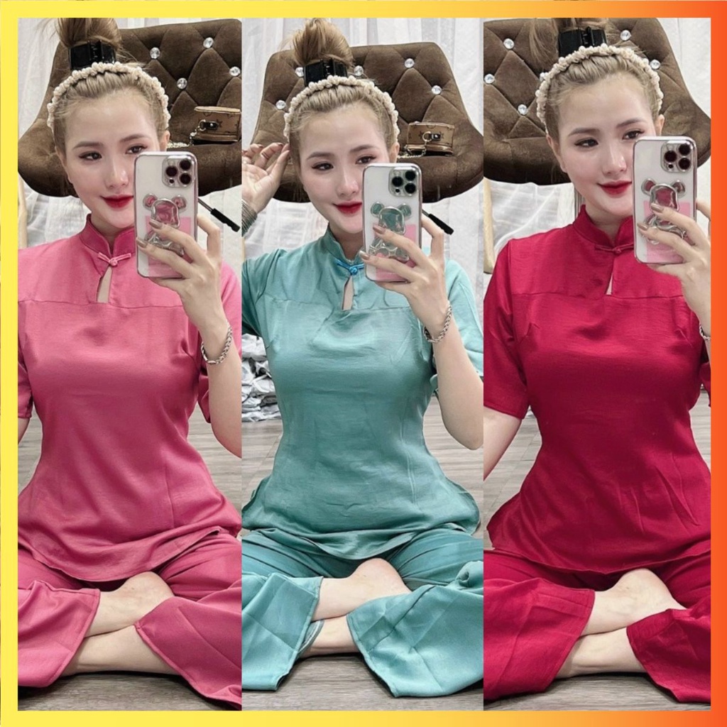 Pháp Phục Đồ Lam Đi Chùa Nữ Tay Kiểu Nhúng Chất Lụa, Áo Bà Ba Cách Tân Đi Lễ Chùa Kèm Quần May Sẵn Màu Hồng, Xanh, Đỏ