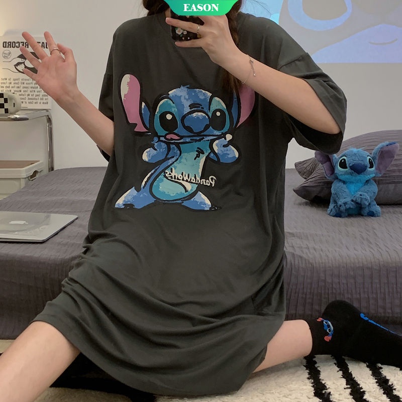Đầm Ngủ Tay Ngắn Dáng Rộng In Hoạt Hình Stitch Nhật Bản Thời Trang Mùa Hè 2023