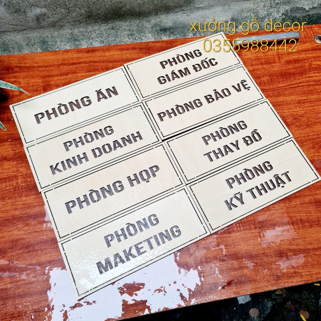 Bảng phòng, bảng số tầng tên văn phòng công ty bằng gỗ cắt laser làm nội dung theo yêu cầu.