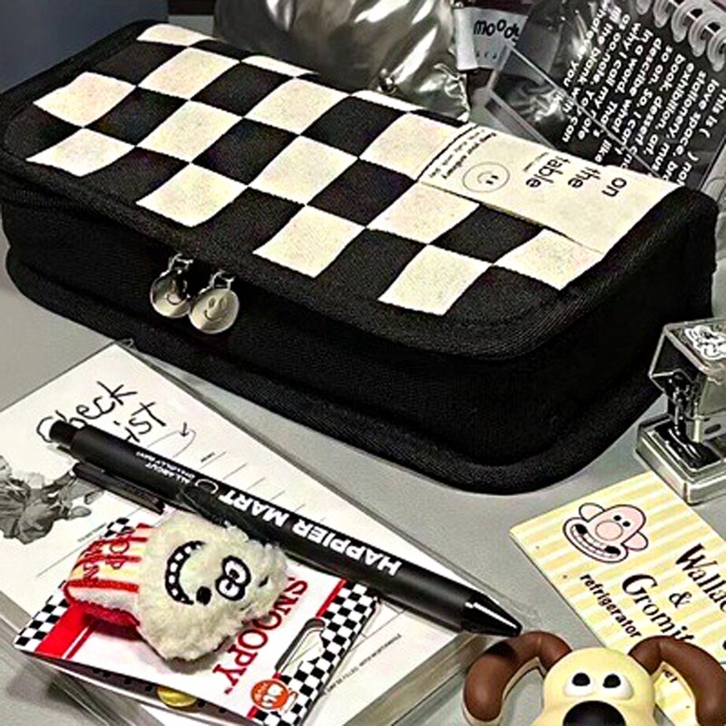 Túi Đựng Bút Bằng Vải Canvas Họa Tiết Caro Dễ Thương