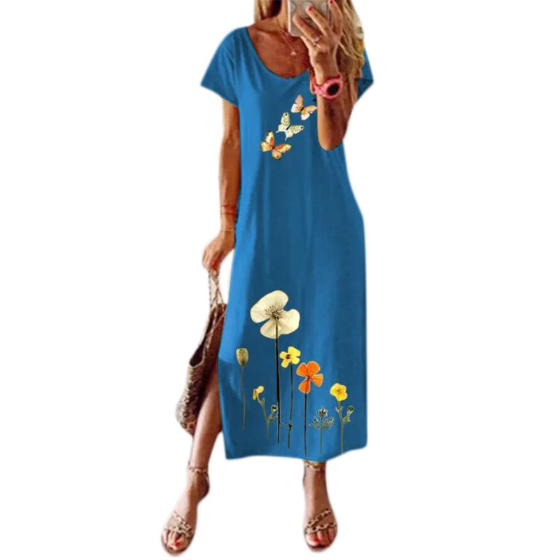 Đầm Maxi Tay Ngắn Dáng Rộng Họa Tiết Hoa Và Bướm Phong Cách Boho Thời Trang Cho Nữ