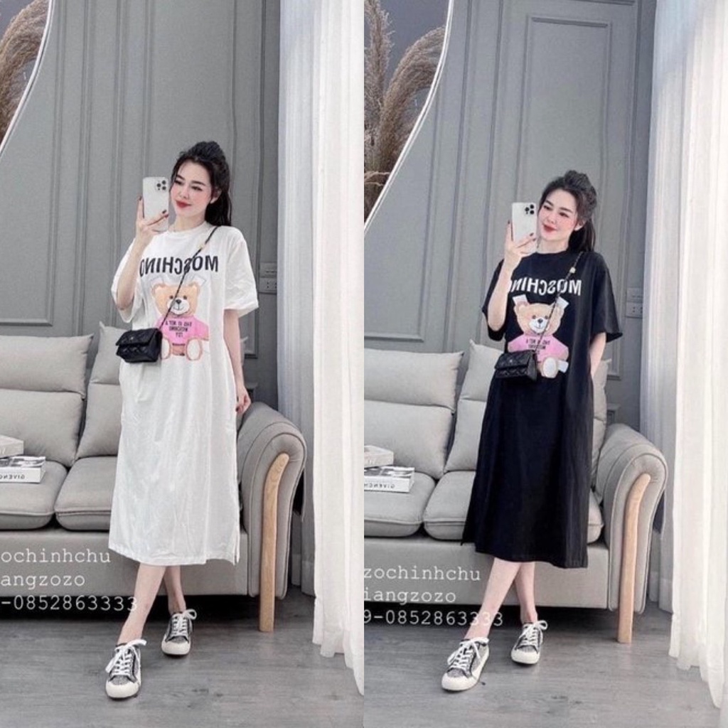 Đầm suông chất cotton in hình gấu chữ mochi, váy xuông dáng rộng cổ tròn màu hồng không túi xinh xắn