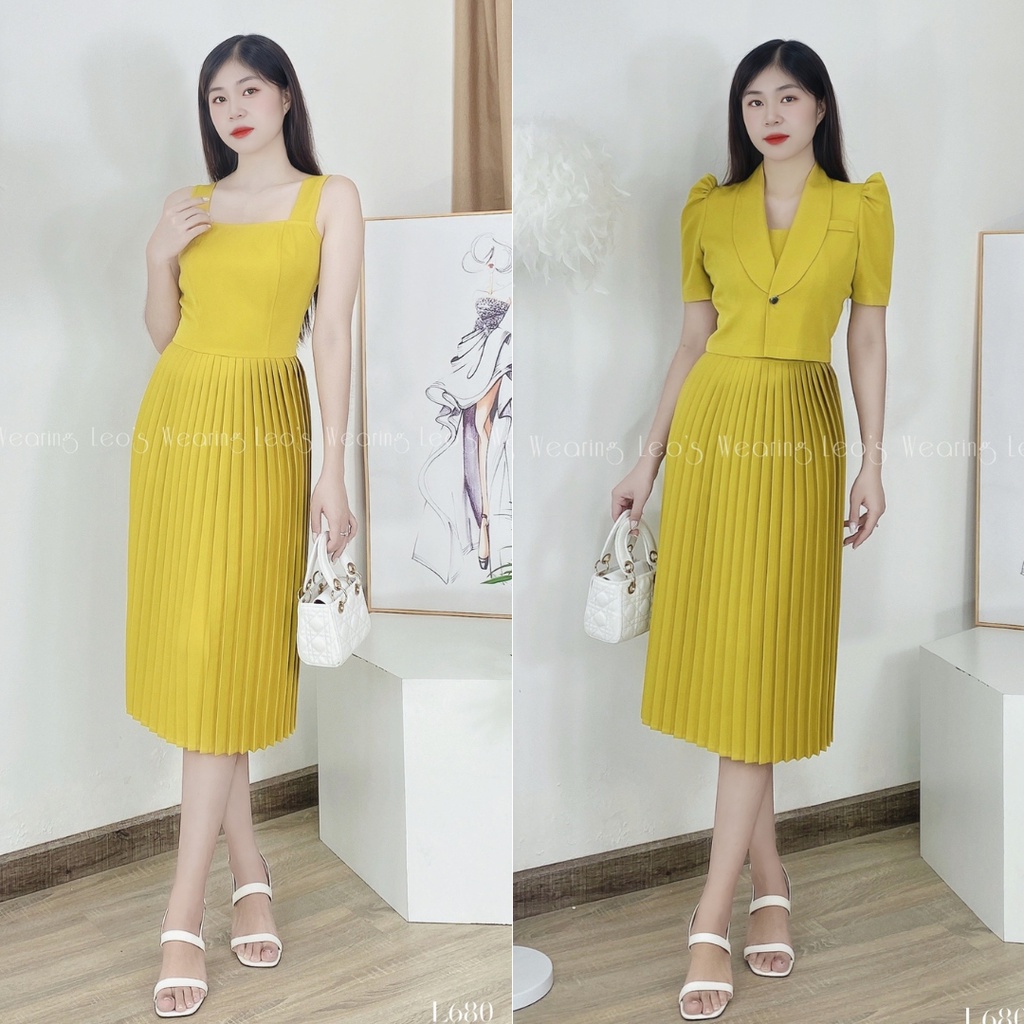 Set áo khoác cổ sen tay phồng mix đầm 2 dây bản to xếp li LEOSWEARING L680