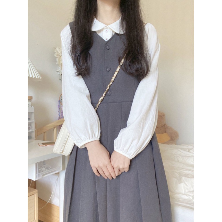 Set Áo Sơ Mi Cổ Búp Bê + Đầm Hai Dây Phong Cách Retro Pháp Hàng Mới 2023