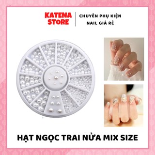 Hạt ngọc trai nửa nhựa, khay hạt trai nửa mix size 12 ngăn trang trí móng chuyên dụng