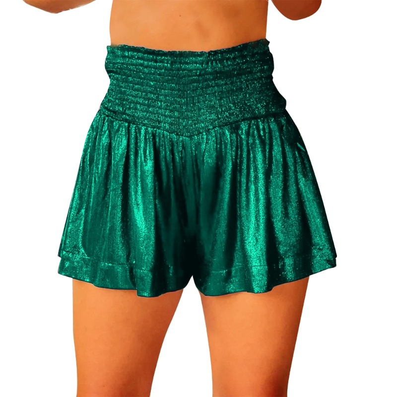Xiangbao Quần Short Baggy Lưng Cao Dáng Rộng Co Giãn Màu Trơn Viền Bèo Nhún Lấp Lánh Dành Cho Nữ Dự Tiệc Sh