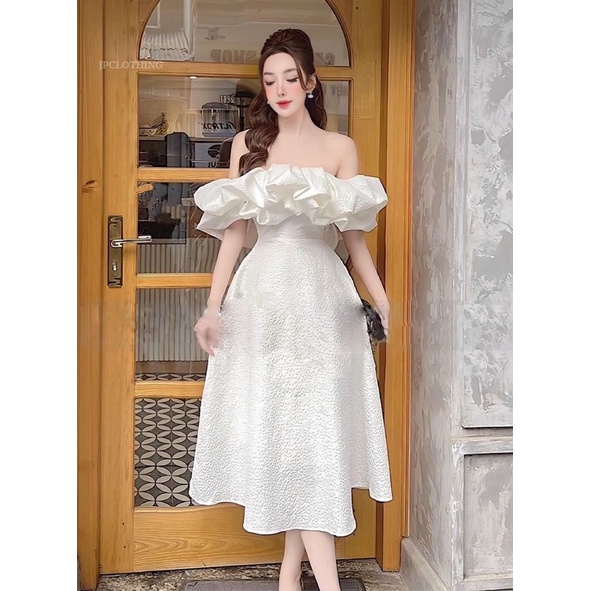 ĐẦM DỰ TIÊC MIDI GẤM TRỄ VAI BÈO GANA H DRESS