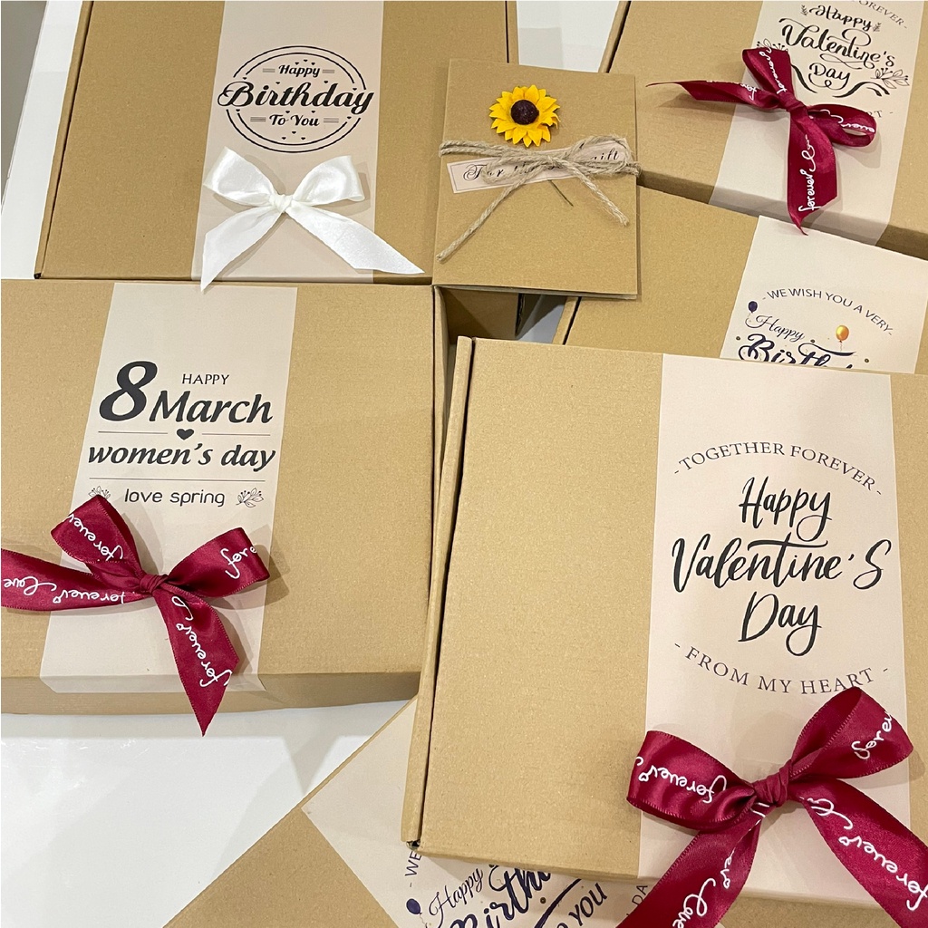 Hộp Quà Valentine Sinh Nhật 8/3 Vintage Kraft Thiết Kế Kèm Túi, Rơm Lót, Thiệp, Đèn Led