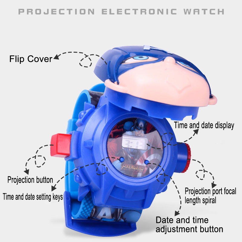 Đồng Hồ Chiếu Kỹ Thuật Số Nắp Lật Hình Spiderman Iron Man Marvel Quà Tặng Cho Bé Trai