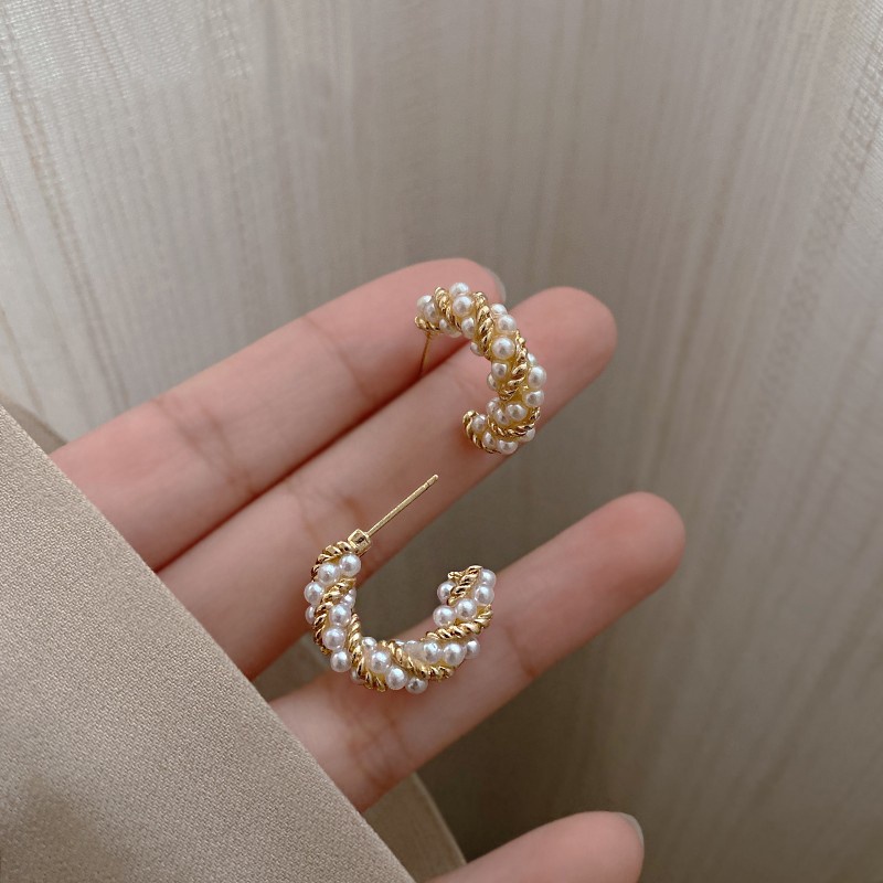 Mới Khuyên Tai Dạng Xoắn Đính Ngọc Trai Phong Cách Retro Hàn Quốc