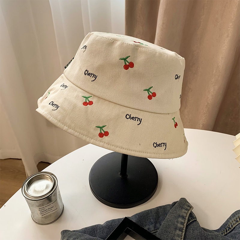 HMH®Mũ bucket vành ngắn thêu hoạ tiết anh đào cherry dễ thương chống nắng dành cho nữ