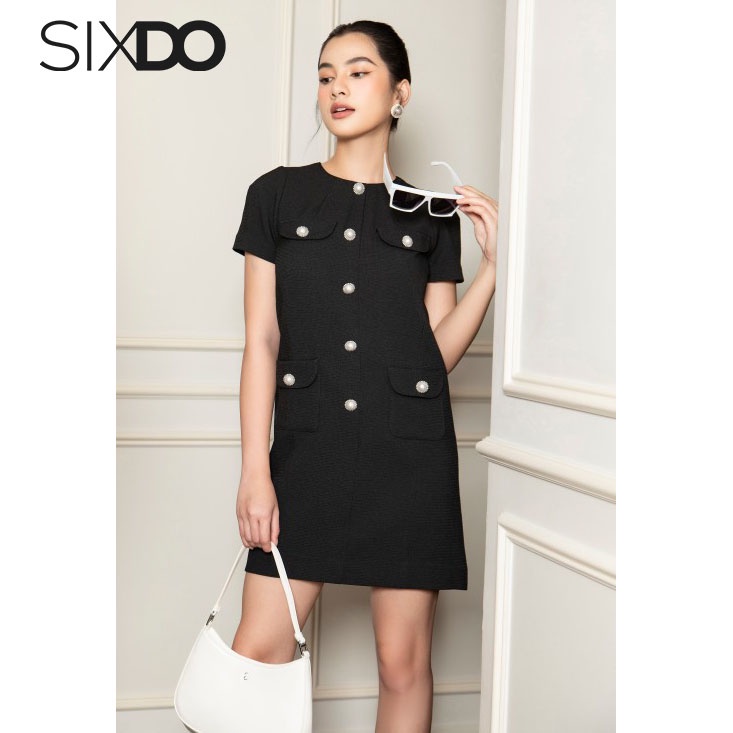 Đầm đen dáng suông phối cúc SIXDO (Black Straight Midi Raw Dress)