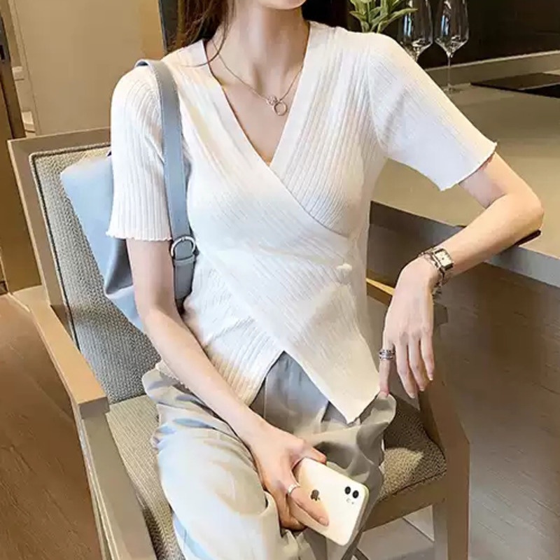 Áo Thun Dệt Kim Ngắn Tay Cổ Chữ v Vạt Chéo Thời Trang Mùa Hè