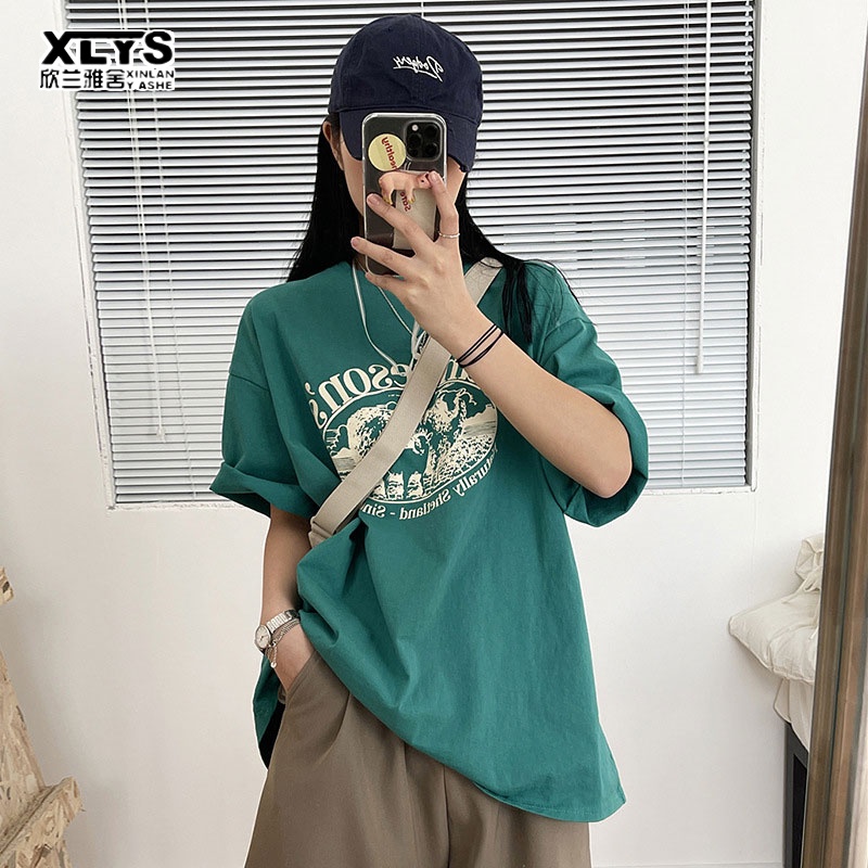 Áo thun XINLANYASHE tay ngắn dáng rộng in chữ phong cách Hàn Quốc thời trang cho nữ