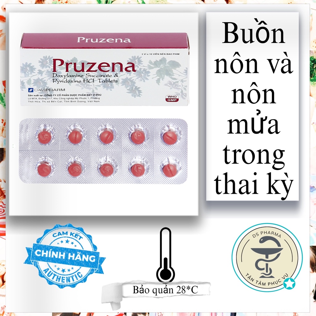 Pruzena 10mg Đạt Vi Phú hỗ trợ buồn nôn và nôn mửa trong thai kỳ (3 vỉ x 10 viên)