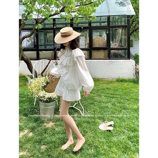 Sét trắng áo sơ mi viền beo ren tay bo chun mix quần đùi cạp cao ống rộng