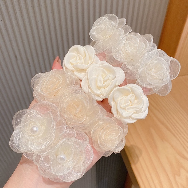 Kẹp Tóc Hình Hoa Trà Lưới Màu Trắng Phong Cách Hàn Quốc Cho Nữ