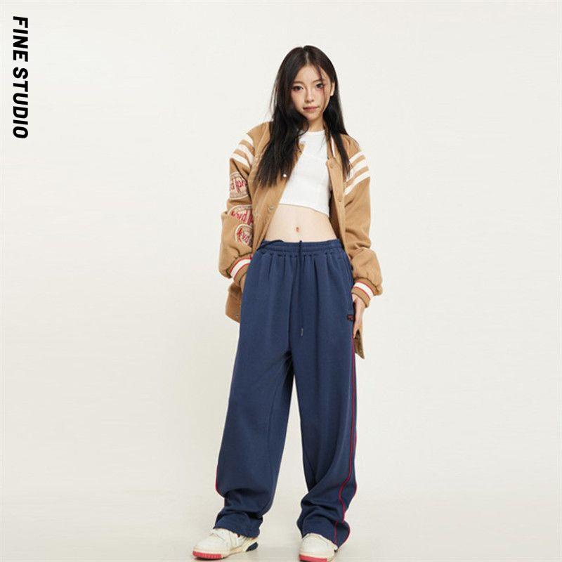 Fine STUDIO Quần Thể Thao Ống Rộng Dáng Suông Phong Cách Hip Hop Đường Phố Mỹ Retro Giản Dị Dành Cho Nam Và Nữ Sw