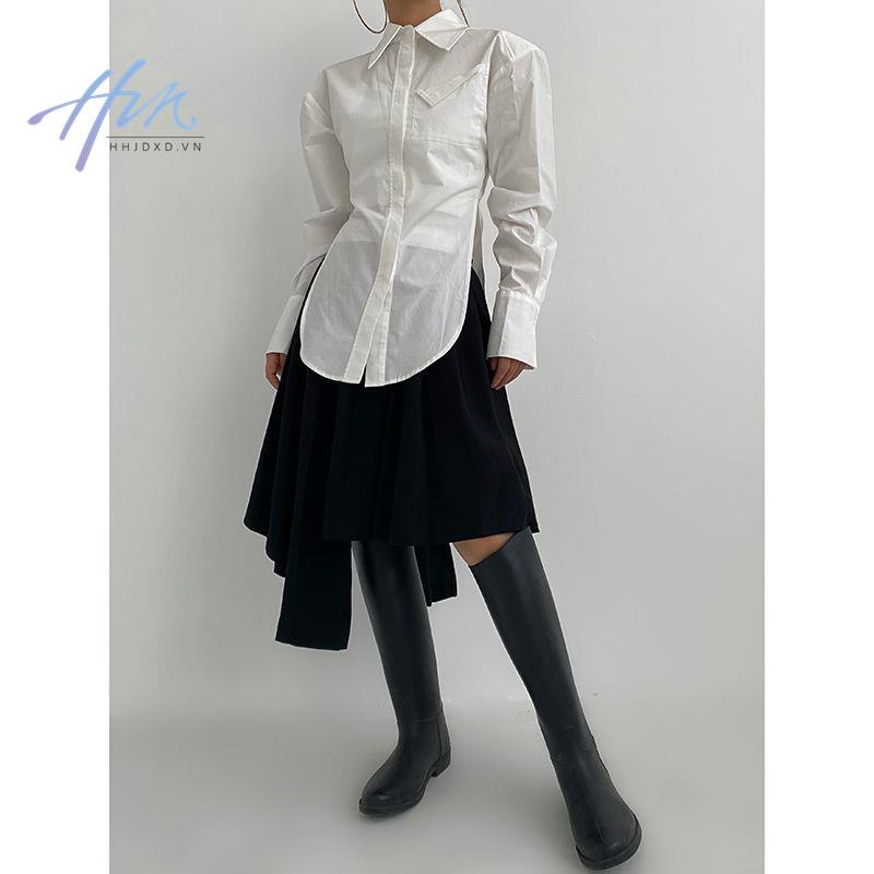 Hhjdxd Áo Sơ Mi Xẻ Tà Có Túi Nhấn Eo Hẹp Thời Trang Cho Nữ