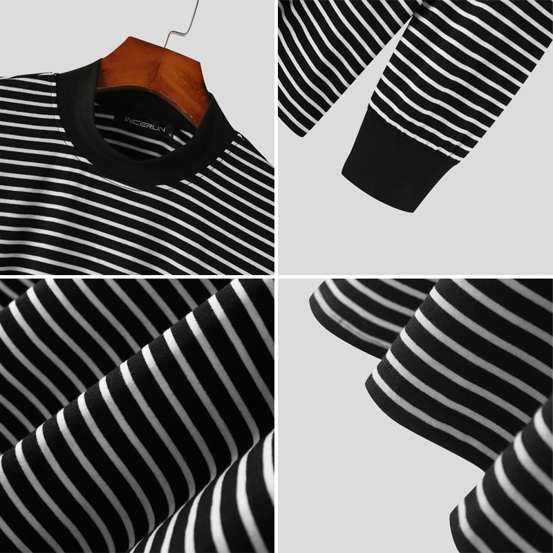 INCERUN Áo Thun Nam Dài Tay Cổ Cao Sọc Ngang Thời Trang