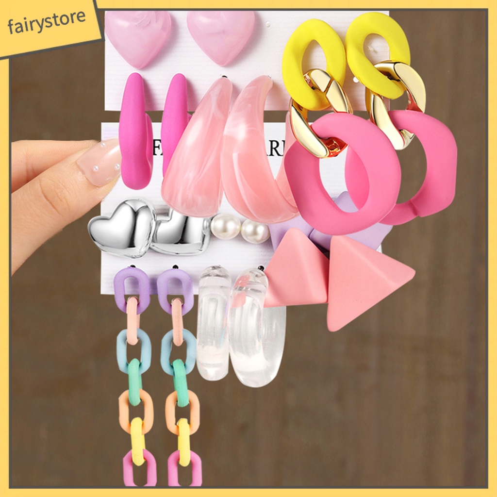 Set 1 / 4 / 6 Đôi Khuyên Tai Hình Học Trái Tim Màu Sắc Ngọt Ngào Bằng Acrylic