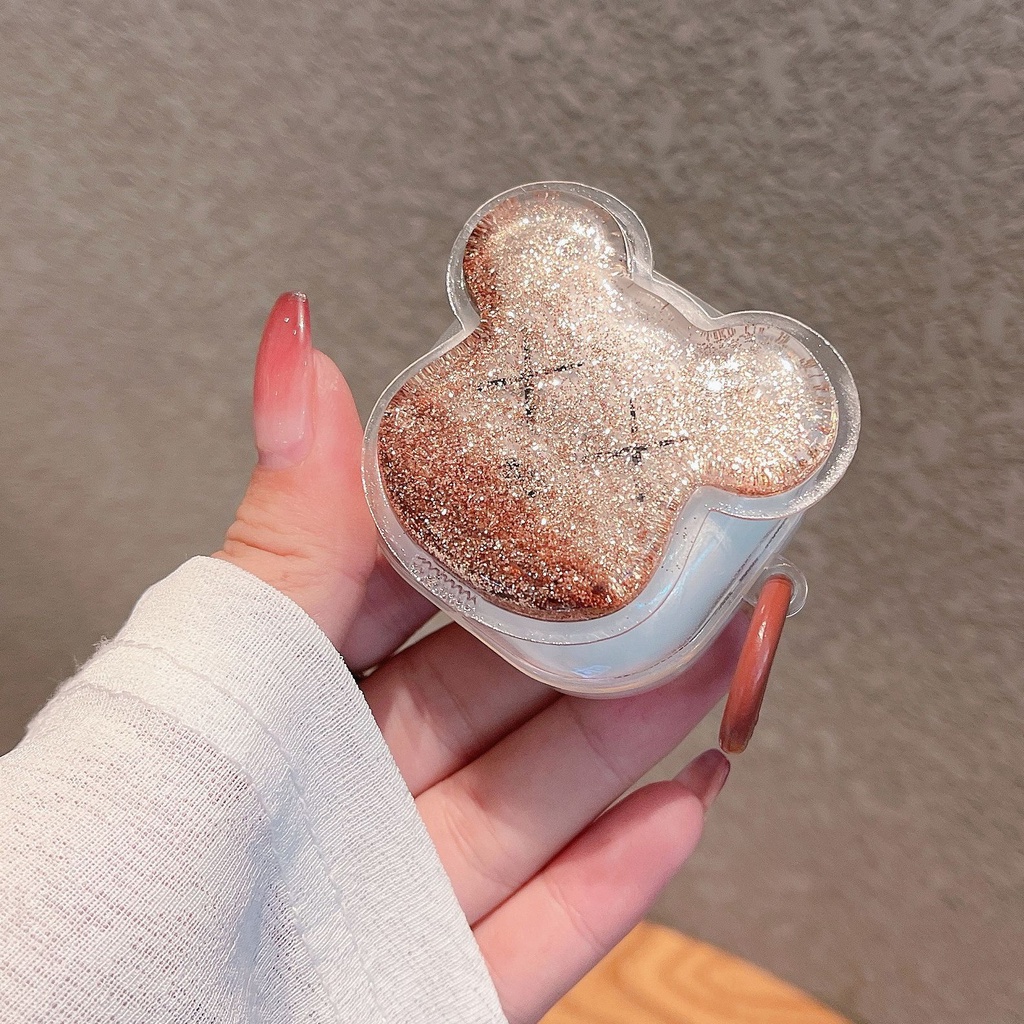 Vỏ Bảo Vệ Hộp Sạc Tai Nghe Bluetooth Không Dây Samsung Buds Pro Galaxy Buds 2 Hình Gấu Hồng Có Nước Kim Tuyến Lấp Lánh