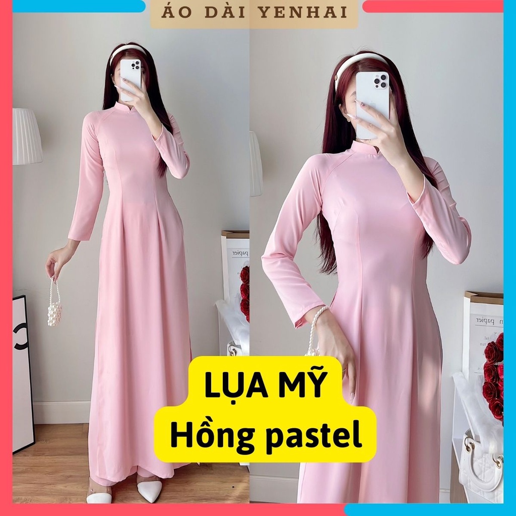 Áo Dài Màu Hồng Phấn Pastel Trơn Truyền Thống May Sẵn Lụa Mỹ Cao Cấp |