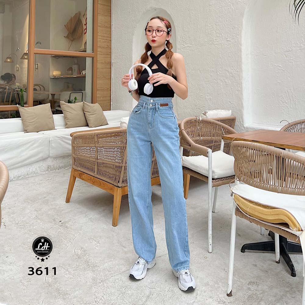 Quần jean nữ ống rộng, quần bò màu xanh trơn cạp siêu cao lưng cách điệu Lê Huy Fashion MS 3611