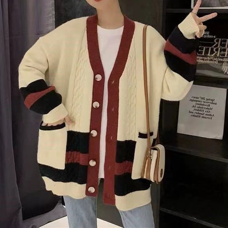 Áo Khoác Sweater Cổ Chữ V Dáng Rộng Họa Tiết Kẻ Sọc Màu Sắc Thời Trang Mùa Xuân Cho Nữ