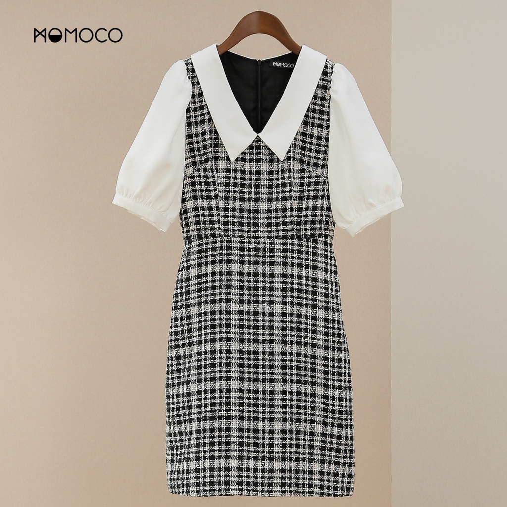 Váy Dạ Kẻ MOMOCO Ngắn Tay Cổ Chữ V Chất Liệu Cao Cấp Kiểu Dáng Trẻ Trung Thanh Lịch M2766