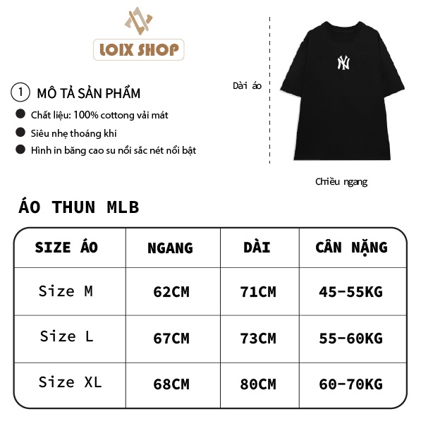 Áo thun MLB form rộng phong cách unisex phông NY basic nam nữ tay lỡ chất liệu cotton oversize LOIX