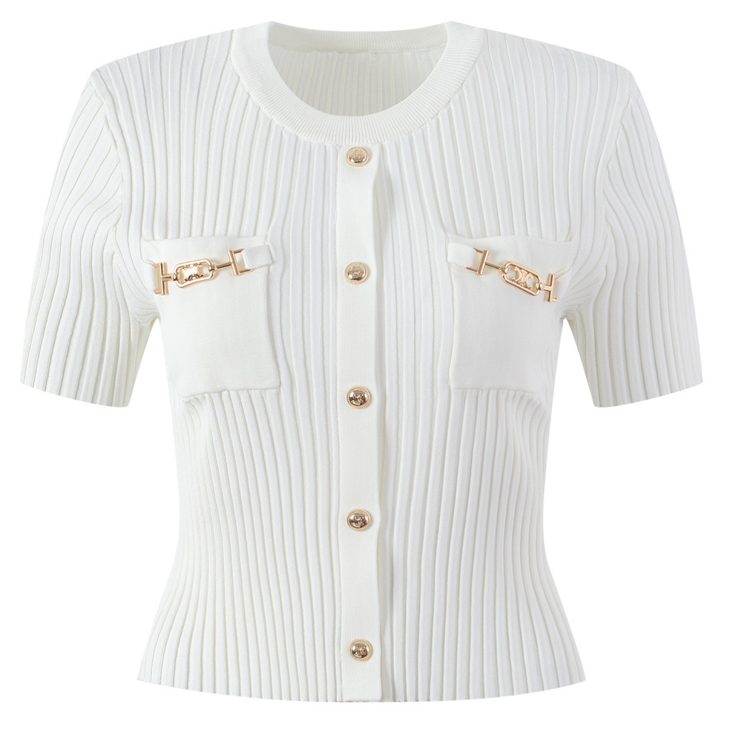 Balmain French-style slim-fit stretch short-sleeved women's clothing 2022 spring and summer new horseshoe chain metal buckle top