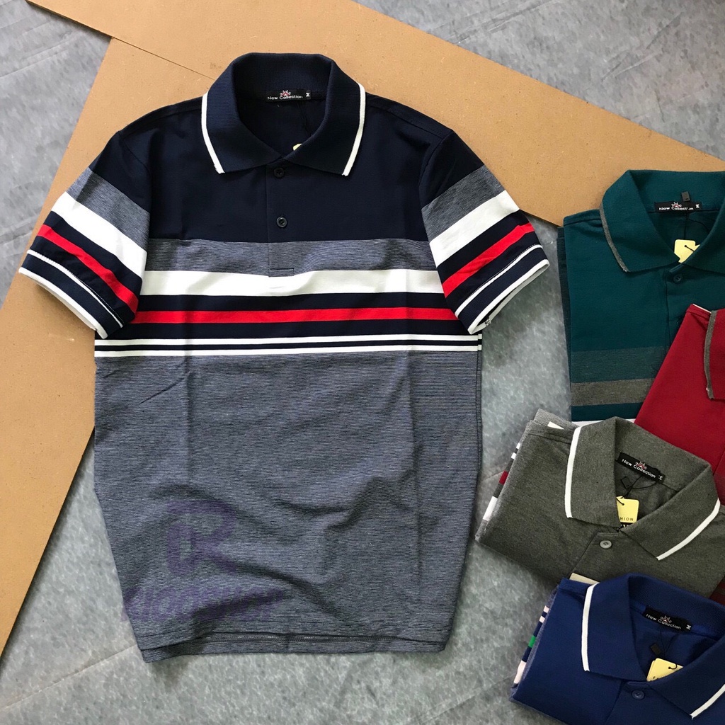 Áo nam cho người trung niên, áo thun nam ngắn tay form rộng sọc ngang RIOOSHOP RCP011 màu xám, xanh đen, đỏ, xám