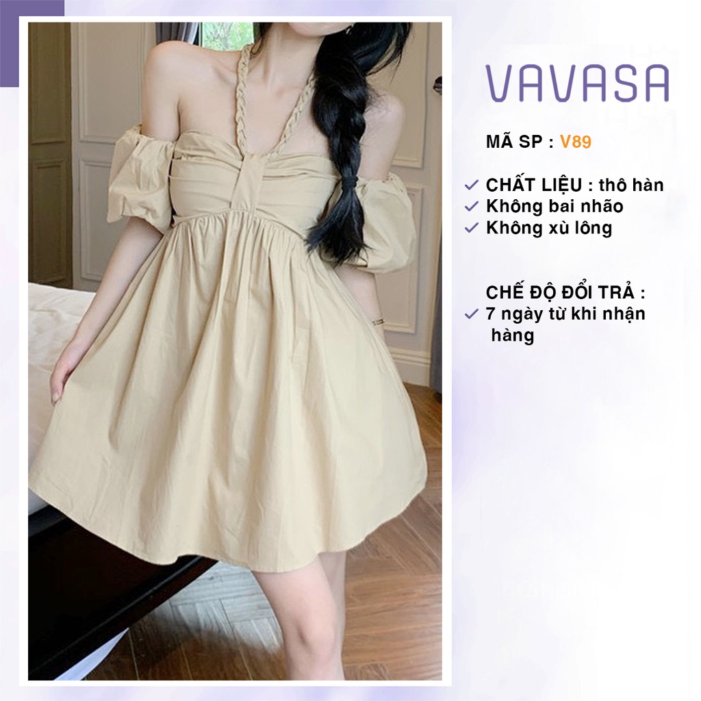 Váy babydoll nữ dáng xoè cổ đính nơ chất thô mềm xếp, tiểu thư VAVASA V89 | BigBuy360 - bigbuy360.vn