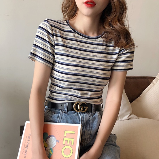 Áo Thun Dệt Kim Ngắn Tay Họa Tiết Kẻ Sọc Thời Trang Xu Hướng Cho Nữ