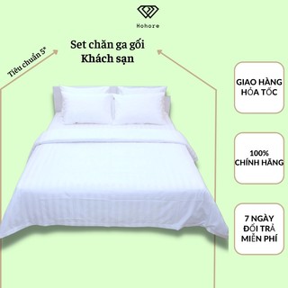 Set chăn ga gối trắng Riotex cho khách sạn 5* cao cấp gồm vỏ chăn ga gối nằm vải trắng sọc 3f T300 Size: m6/m8/2m2 x 2m