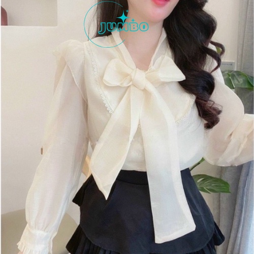 Áo sơ mi nữ dài tay form rộng kiểu sơmi cổ thắt nơ chất vải voan thiết kế tay bồng cánh tiên thời trang Jumbo