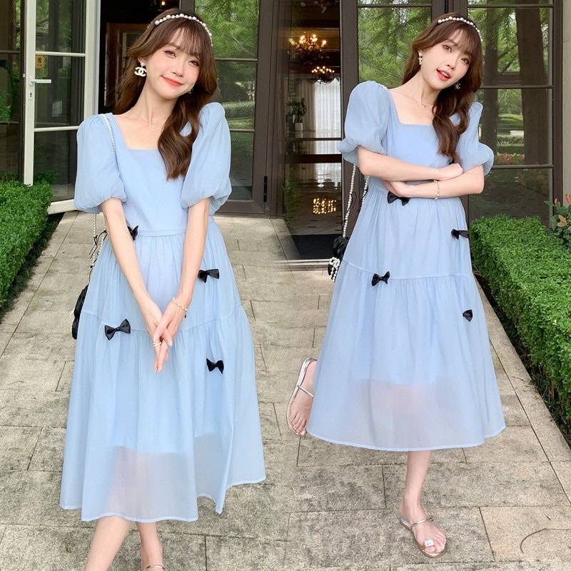 Đầm Bầu Hai Lớp Đính Nơ Dễ Thương Mã HH17