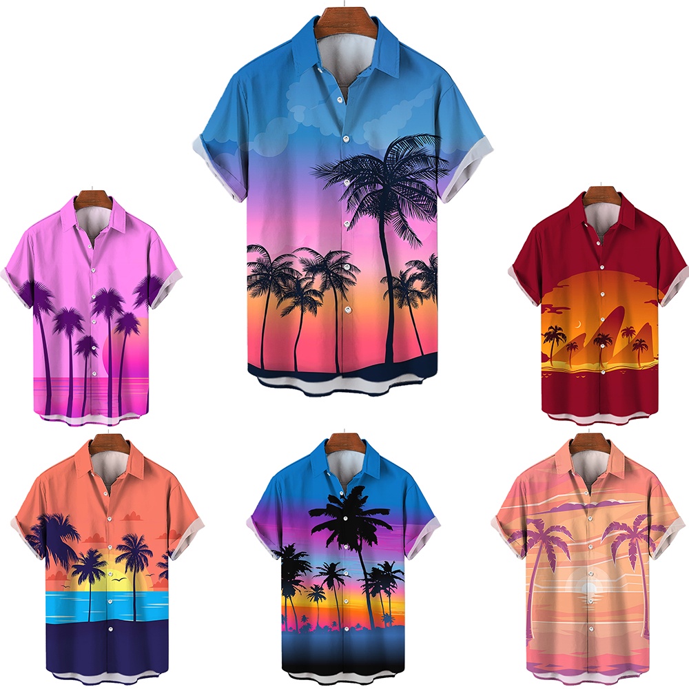 Áo Sơ Mi Ngắn Tay In Họa Tiết Cây Dừa Phong Cách Hawaii Thời Trang Mùa Hè Cho Nam