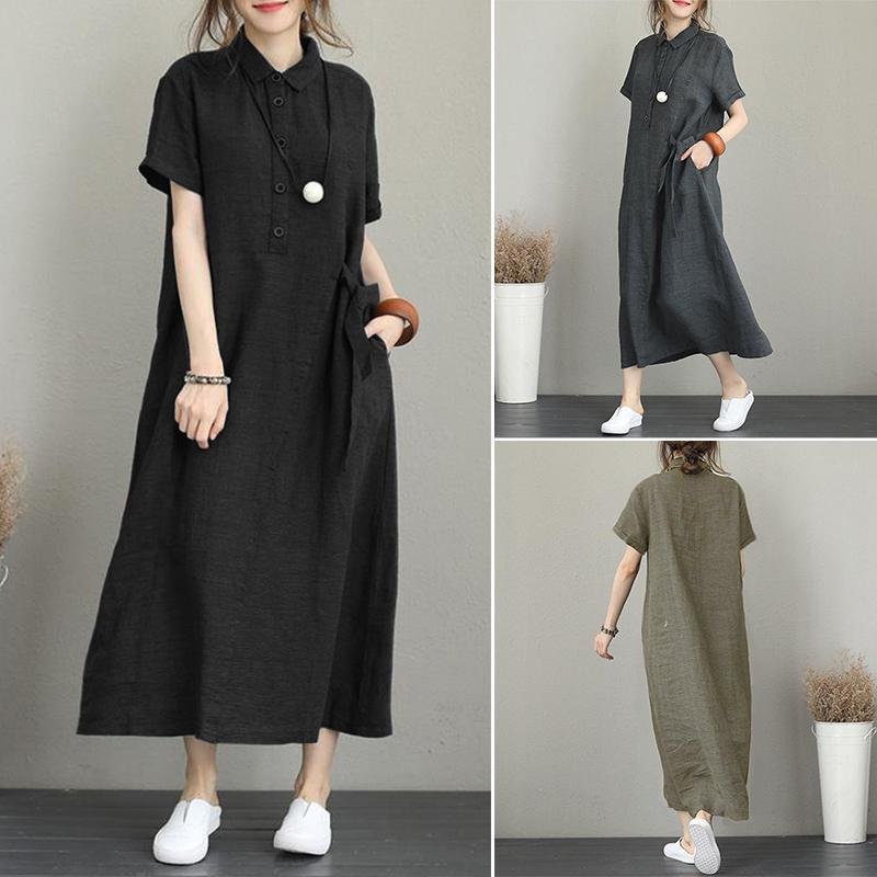 Đầm suông linen thiết kế cổ sơ mi phối cúc, form rộng Hàn Quốc trẻ trung Da61