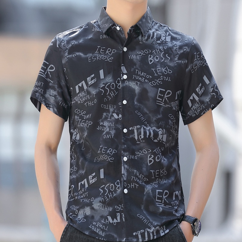 Áo Sơ Mi Nam Ngắn Tay Dáng Ôm Màu Đen / Xám In Chữ Phong Cách Hàn Quốc